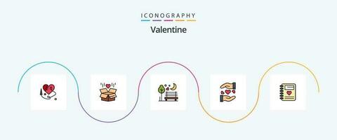 Valentijn lijn gevulde vlak 5 icoon pak inclusief notebook. hart. nacht. delen. park vector