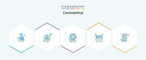 coronavirus 25 blauw icoon pak inclusief pil. test buizen. ziekte. testen. experiment vector