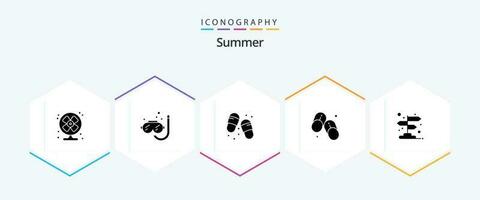 zomer 25 glyph icoon pak inclusief routebeschrijving. zomer. strand. slippers. omdraaien flops vector