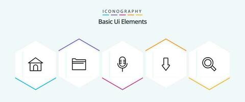 eenvoudig ui elementen 25 lijn icoon pak inclusief zoeken. downloaden. microfoon. omlaag. pijl vector