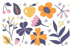 een schattige set planten en bloemen op een witte achtergrond, met de hand getekend in een doodle-stijl. vectorbloemdecor voor uitnodigingen, ansichtkaarten, stickers vector