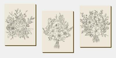 bloem boeket lijn kunst, zwart en wit bloemen reeks verzameling bundel hand getekend, tak, gebladerte, blad minimaal antiek retro hedendaags inkt tekening voor decor bruiloft uitnodiging en poster kaart vector