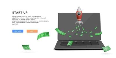 3d realistisch begin omhoog banier met vliegend raket, geld en laptop. geld investering concept. vector illustratie