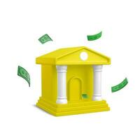 bank gebouw met vallend papier valuta in realistisch tekenfilm stijl. 3d realistisch banners en posters voor bank bedrijf. vector illustratie
