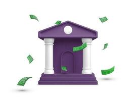 bank gebouw met vallend papier valuta in realistisch tekenfilm stijl. 3d realistisch banners en posters voor bank bedrijf. vector illustratie