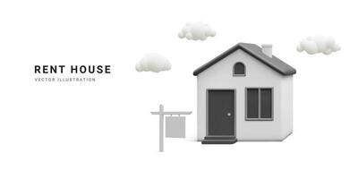 3d realistisch banier met huis, wolken en straat teken geïsoleerd Aan wit achtergrond. echt landgoed, huur bureau, huur huis concept. huis icoon in tekenfilm minimaal stijl. vector illustratie