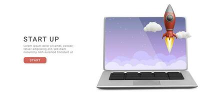 begin omhoog banier met laptop, raket, wolken in realistisch stijl. vector illustratie