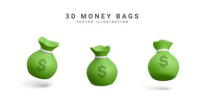 reeks van geld Tassen in 3d realistisch stijl. bedrijf en financiën. zak met dollar teken. vector illustratie