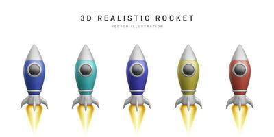 3d kleur raket set. realistisch ruimte schip geïsoleerd Aan een wit achtergrond. vector illustratie