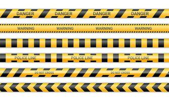 Politie lijnen en niet doen kruis linten. voorzichtigheid en Gevaar banden in geel en zwart kleur. waarschuwing tekens verzameling geïsoleerd Aan wit achtergrond. vector illustratie