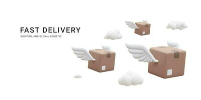 3d realistisch vliegend karton dozen met Vleugels in de wolken. snel levering onderhoud concept in tekenfilm stijl. vector illustratie