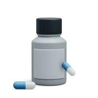 3d realistisch pil fles met behandeling geneesmiddel capsule pil geïsoleerd Aan wit achtergrond. geneeskunde Gezondheid concept. vector illustratie