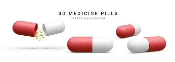 reeks van 3d realistisch ovaal, ronde en capsule vormig tablets geïsoleerd Aan wit achtergrond. geneeskunde en drugs. vector illustratie