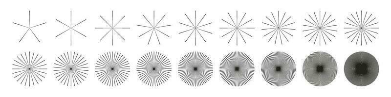 circulaire barst, balken, en stralen. monochroom grafiek, optisch patronen, en gloeiend zwart elementen. vector geïsoleerd illustratie.