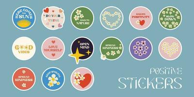 reeks positief stickers in groovy retro stijl vector