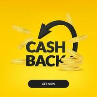 3d vector beeld met een geel banier met een zwart pijl symboliseert geld terug. ideaal voor bedrijf websites, spandoeken, en promoties. illustratie van een cashback concept met stapel van munten