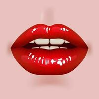 3d realistisch, mollig lippen in een levendig rood kleur. deze sappig en glanzend lippen uitstralen sensualiteit en wens. perfect voor kunstmatig, mode, en romantisch ontwerpen. Open mond met tanden, lippenstift Promotie vector