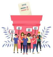 verkiezingen concept. groep van mensen stemmen en zetten stemming papieren in de stemming doos. democratie. presidentieel verkiezingen. referendum. stemmen vlak vector illustratie. klein mensen.