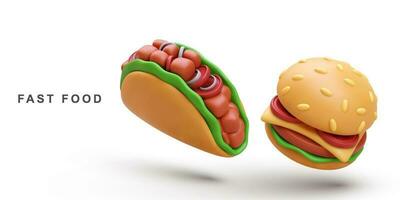 3d realistisch Hamburger en taco Aan wit achtergrond. vector illustratie.