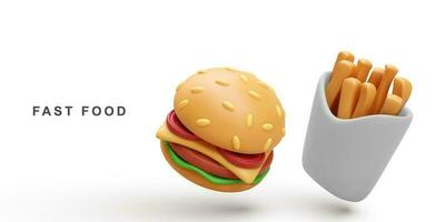3d realistisch Hamburger en Patat aardappelen. vector illustratie.