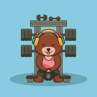 schattig mascotte beer hijs- kettlebell vector ontwerp. schattig sticker, Sportschool training icoon, tekenfilm stijl