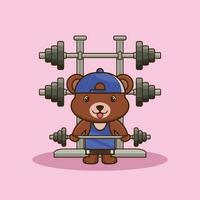 bodybuilding, schattig beer hijs- halter. Sportschool training mascotte logo, schattig sticker, tekenfilm stijl vector