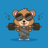 fysiek oefening, schattig tekenfilm beer hijs- een halter. sport icoon, Sportschool mascotte, schattig dier sticker vector