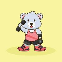schattig mascotte beer hijs- barbell en kettlebell. tekenfilm mascotte, beer Sportschool training, tekenfilm stijl. vector