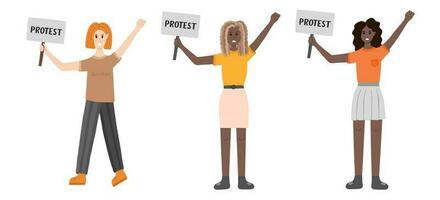 groep van Dames protest tegen geslacht geweld. boos meisjes Holding een banier met tekst. civiel weerstand. hand- getrokken tekenfilm illustratie. vrouw gemeenschap. concept van protest, democratie, rechten. vector