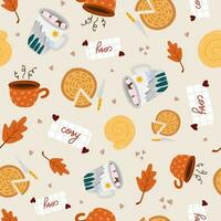 knus en hygge vector naadloos hand- getrokken patroon met hygge herfst klem kunsten van seizoensgebonden kleren, voedsel en drankjes, decor. kan worden gebruikt voor, omhulsel papier, beddengoed, notitieboekje, pakketjes, geschenk papier.