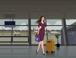 de meisje in de luchthaven terminal tegen de achtergrond van de venster. vector. vector