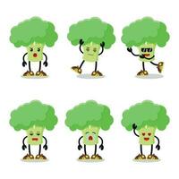 schattig gelukkig broccoli karakter verschillend houding werkzaamheid. groente verschillend gezicht uitdrukking vector illustratie set.