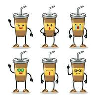 schattig gelukkig chocola milkshake verschillend houding werkzaamheid. grappig zacht drinken verschillend gezicht uitdrukking vector illustratie set.