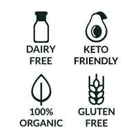 vector illustratie reeks van veilig voedsel zonder allergenen pictogrammen. keto eetpatroon pictogrammen, lactose en melk vrij, gluten vrij, biologisch producten. voor etiketten en verpakking