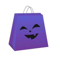 papier Tassen voor halloween winkelen. Purper pak met grappig mok isoleren, vector illustratie