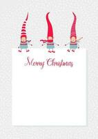 voorraad vector illustratie met 3 schattig Kerstmis elfen in gestreept rood hoeden zittend Aan een vel van papier. sjabloon van vrolijk Kerstmis kaarten, Gefeliciteerd, banners of posters met kopiëren ruimte.