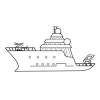 zwart wit Onderzoek vaartuig voor zee verkenning, expeditie schip met helikopter illustratie. kan worden gebruikt voor kleur boek vector