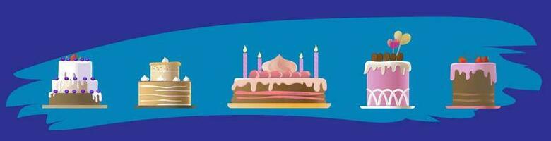 kleurrijk heerlijk toetjes, verjaardag taart met viering kaarsen en chocola plakjes, vakantie partij vector reeks