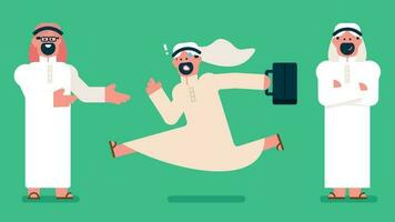 Arabisch zakenman karakter. verschillend poses en emoties, jong knap emirati bedrijf Mens in uae traditioneel kleding, Arabisch Mens met kandora , islamitisch hoofd sjaal, vlak avatar vector illustratie.