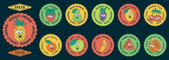 fruit retro tekenfilm stickers. slogans, citaten grappig tekens banaan, ananas, watermeloen, perzik, citroen, appel, Peer, kers. uurwerk zomer vector illustratie in jaren 90, 00s stijl.