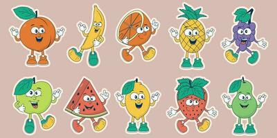 een reeks van retro fruit tekens in tekenfilm stijl. een grappig mascotte. groovy zomer vector illustratie. sappig sticker met watermeloen, appel, Peer, aardbei, druif, banaan, citroen, ananas.