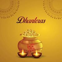 Indiase festival gelukkige dhanteras viering wenskaart met gouden munt pot op gele achtergrond vector