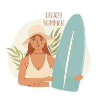 genieten zomer, vrouw met surfen bord vector