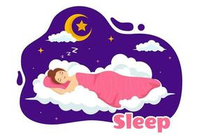 slaap vector illustratie met gelukkig jong persoon is snel in slaap en hebben een zoet droom in gezondheidszorg hand- getrokken achtergrond nacht Sjablonen