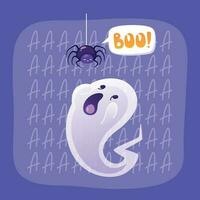 feestelijk ontwerp voor halloween groet kaart, uitnodiging, spandoek. de beeld van een schattig tekenfilm bang geest of geest en acuut spookachtig spin. boe tekst in de buurt hangende spin. Purper achtergrond vector