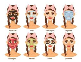 reeks van jong mooi vrouw in verschillend types van gezicht maskers. vector