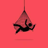 Mens gevangen in een netto val en hing omhoog. vector illustratie beeldt af concept van val, verward, probleem, hulpeloos, terughoudend, bedrogen, crisis, en verstrikt.