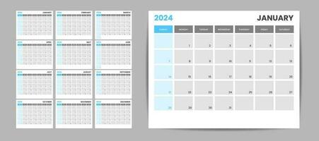 maandelijks bureau kalender sjabloon voor 2024 jaar. week begint Aan zondag. muur kalender 2024 in een minimalistische stijl, reeks van 12 maanden, planner, het drukken sjabloon, kantoor organisator vector. vector