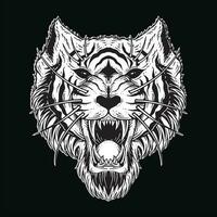 donker kunst tijger hoofd eng boos beest mascotte zwart en wit hand- getrokken illustratie vector