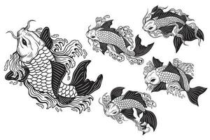 reeks bundel hand- getrokken koi vis aquatisch zwart wit wijnoogst donker kunst voor tatoeëren en kleding illustratie vector